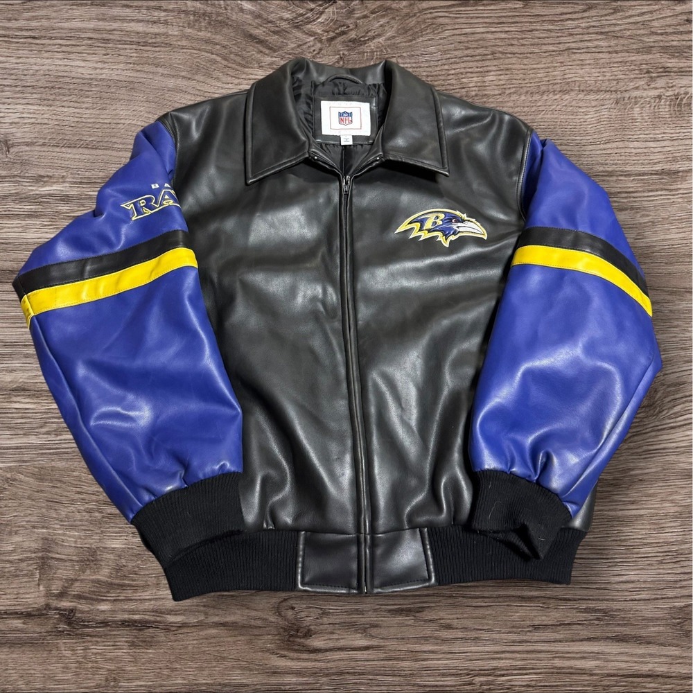Baltimore Ravens Faux Leather Bomber Jacket Mens Large NFL